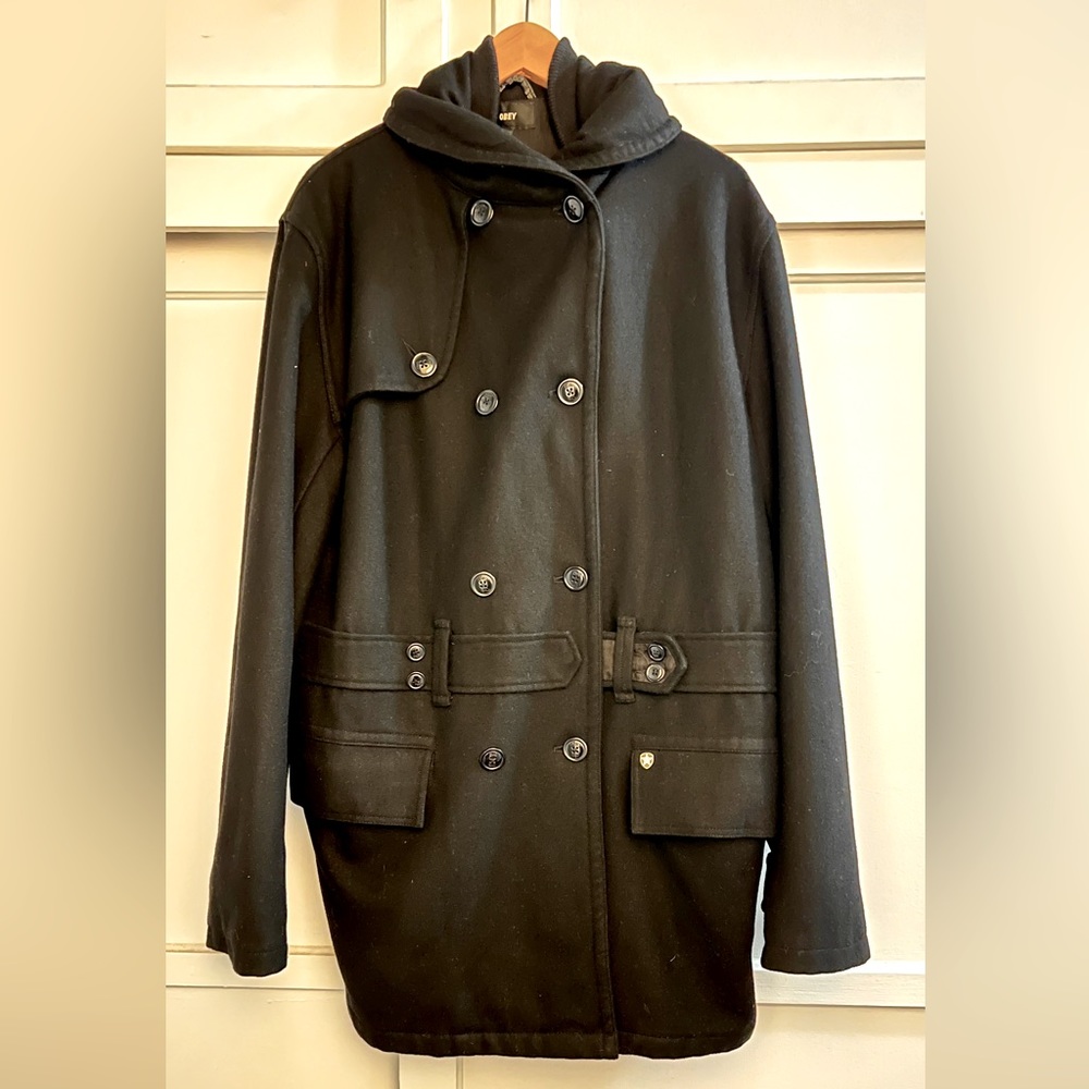 Obey Long Black Wool Coat Men’s